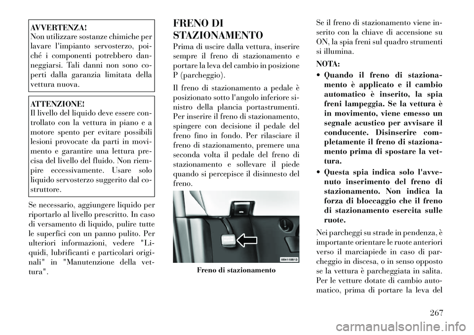 Lancia Voyager 2012 Libretto Uso Manutenzione (in Italian) AVVERTENZA!
Non utilizzare sostanze chimiche per
lavare limpianto servosterzo, poi-
ché i componenti potrebbero dan-
neggiarsi. Tali danni non sono co-
perti dalla garanzia limitata della
vettura Lancia Voyager 2012 Libretto Uso Manutenzione (in Italian) AVVERTENZA!
Non utilizzare sostanze chimiche per
lavare limpianto servosterzo, poi-
ché i componenti potrebbero dan-
neggiarsi. Tali danni non sono co-
perti dalla garanzia limitata della
vettura