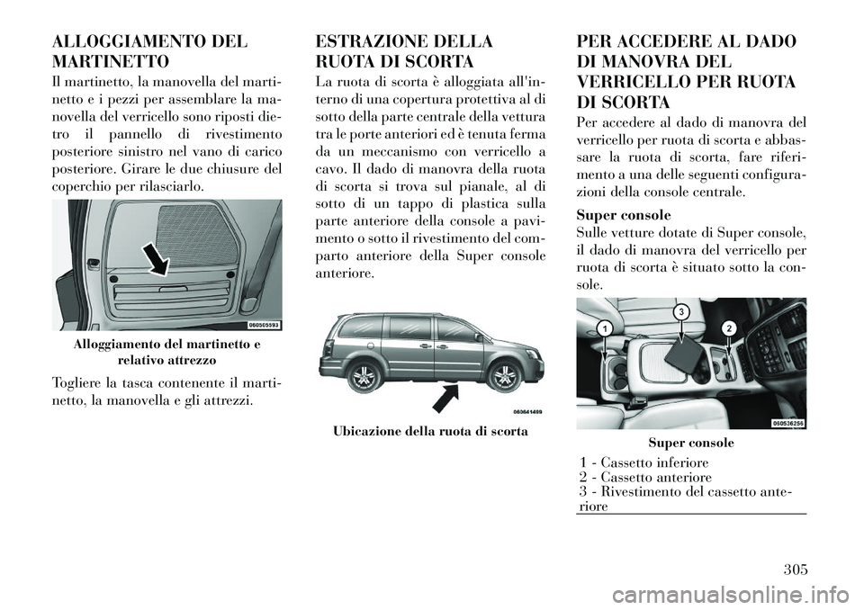 Lancia Voyager 2012  Libretto Uso Manutenzione (in Italian) ALLOGGIAMENTO DEL 
MARTINETTO 
Il martinetto, la manovella del marti- 
netto e i pezzi per assemblare la ma-
novella del verricello sono riposti die-
tro il pannello di rivestimento
posteriore sinistr