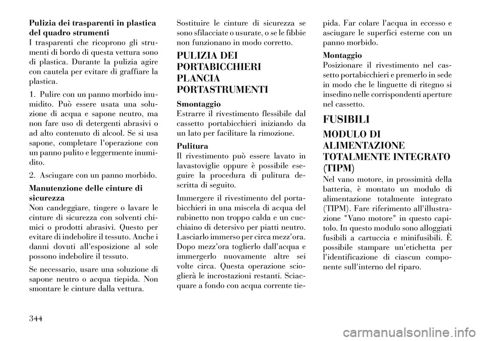 Lancia Voyager 2012  Libretto Uso Manutenzione (in Italian) Pulizia dei trasparenti in plastica 
del quadro strumenti
I trasparenti che ricoprono gli stru-
menti di bordo di questa vettura sono
di plastica. Durante la pulizia agire
con cautela per evitare di g