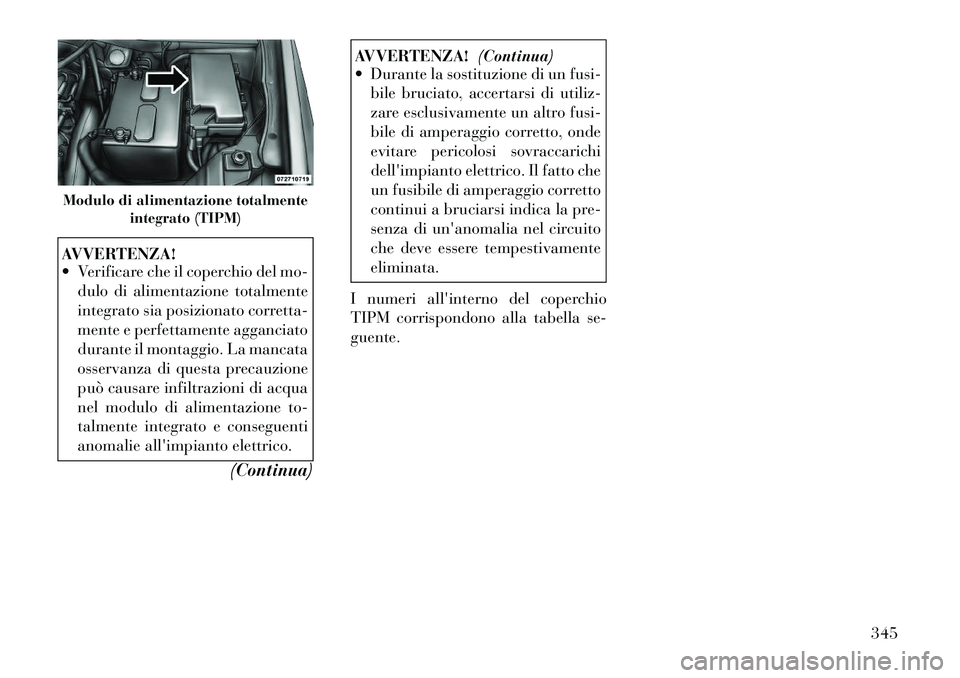 Lancia Voyager 2012 Libretto Uso Manutenzione (in Italian) AVVERTENZA!
Verificare che il coperchio del mo-dulo di alimentazione totalmente
integrato sia posizionato corretta-
mente e perfettamente agganciato
durante il montaggio. La mancata
osservanza di Lancia Voyager 2012 Libretto Uso Manutenzione (in Italian) AVVERTENZA!
Verificare che il coperchio del mo-dulo di alimentazione totalmente
integrato sia posizionato corretta-
mente e perfettamente agganciato
durante il montaggio. La mancata
osservanza di