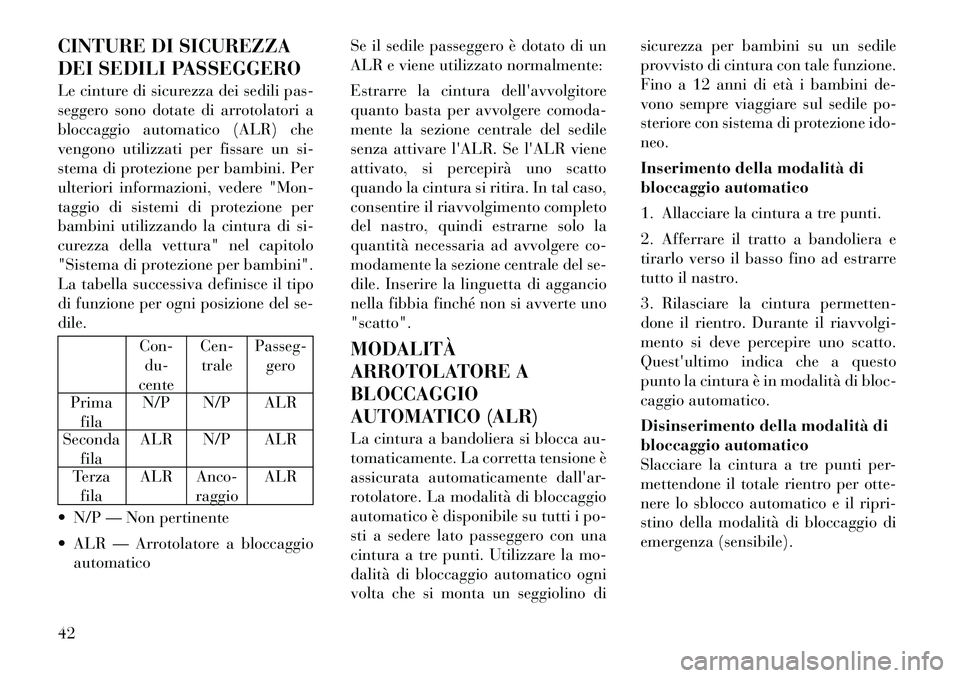 Lancia Voyager 2012 Libretto Uso Manutenzione (in Italian) CINTURE DI SICUREZZA
DEI SEDILI PASSEGGERO
Le cinture di sicurezza dei sedili pas-
seggero sono dotate di arrotolatori a
bloccaggio automatico (ALR) che
vengono utilizzati per fissare un si-
stema Lancia Voyager 2012 Libretto Uso Manutenzione (in Italian) CINTURE DI SICUREZZA
DEI SEDILI PASSEGGERO
Le cinture di sicurezza dei sedili pas-
seggero sono dotate di arrotolatori a
bloccaggio automatico (ALR) che
vengono utilizzati per fissare un si-
stema
