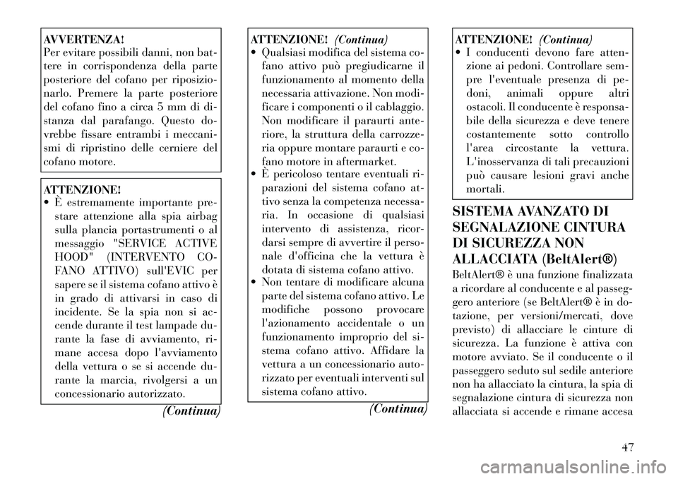 Lancia Voyager 2012  Libretto Uso Manutenzione (in Italian) AVVERTENZA! 
Per evitare possibili danni, non bat- 
tere in corrispondenza della parte
posteriore del cofano per riposizio-
narlo. Premere la parte posteriore
del cofano fino a circa 5 mm di di-
stanz