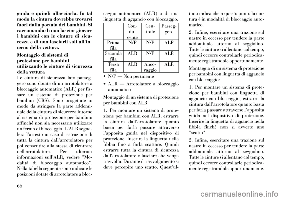 Lancia Voyager 2012 Libretto Uso Manutenzione (in Italian) guida e quindi allacciarla. In tal
modo la cintura dovrebbe trovarsi
fuori dalla portata dei bambini. Si
raccomanda di non lasciar giocare
i bambini con le cinture di sicu-
rezza e di non lasciarli s Lancia Voyager 2012 Libretto Uso Manutenzione (in Italian) guida e quindi allacciarla. In tal
modo la cintura dovrebbe trovarsi
fuori dalla portata dei bambini. Si
raccomanda di non lasciar giocare
i bambini con le cinture di sicu-
rezza e di non lasciarli s