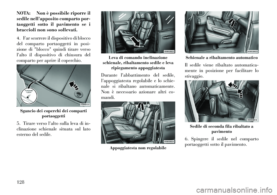 Lancia Voyager 2013 Libretto Uso Manutenzione (in Italian) NOTA: Non è possibile riporre il
sedile nellapposito comparto por-
taoggetti sotto il pavimento se i
braccioli non sono sollevati.
4. Far scorrere il dispositivo di blocco
del comparto portaoggetti Lancia Voyager 2013 Libretto Uso Manutenzione (in Italian) NOTA: Non è possibile riporre il
sedile nellapposito comparto por-
taoggetti sotto il pavimento se i
braccioli non sono sollevati.
4. Far scorrere il dispositivo di blocco
del comparto portaoggetti