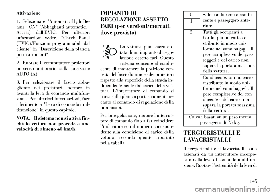 Lancia Voyager 2013 Libretto Uso Manutenzione (in Italian) Attivazione
1. Selezionare "Automatic High Be-
ams - ON" (Abbaglianti automatici -
Accesi) dallEVIC. Per ulteriori
informazioni vedere "Check Panel
(EVIC)/Funzioni programmabili dal
cliente" in "Desc Lancia Voyager 2013 Libretto Uso Manutenzione (in Italian) Attivazione
1. Selezionare "Automatic High Be-
ams - ON" (Abbaglianti automatici -
Accesi) dallEVIC. Per ulteriori
informazioni vedere "Check Panel
(EVIC)/Funzioni programmabili dal
cliente" in "Desc