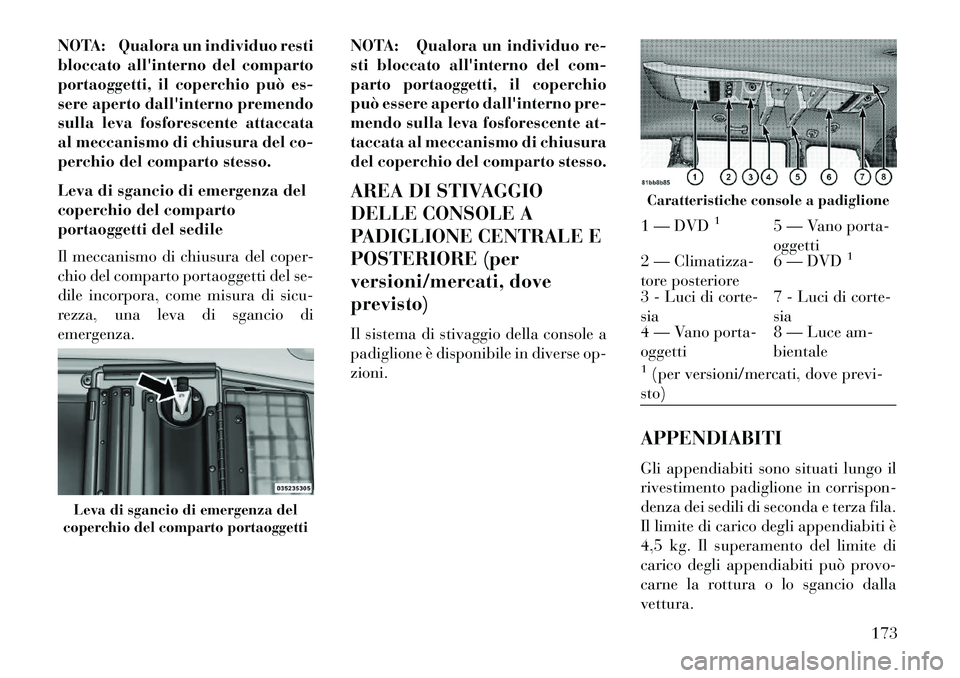 Lancia Voyager 2013 Libretto Uso Manutenzione (in Italian) NOTA: Qualora un individuo resti
bloccato allinterno del comparto
portaoggetti, il coperchio può es-
sere aperto dallinterno premendo
sulla leva fosforescente attaccata
al meccanismo di chiusura de Lancia Voyager 2013 Libretto Uso Manutenzione (in Italian) NOTA: Qualora un individuo resti
bloccato allinterno del comparto
portaoggetti, il coperchio può es-
sere aperto dallinterno premendo
sulla leva fosforescente attaccata
al meccanismo di chiusura de