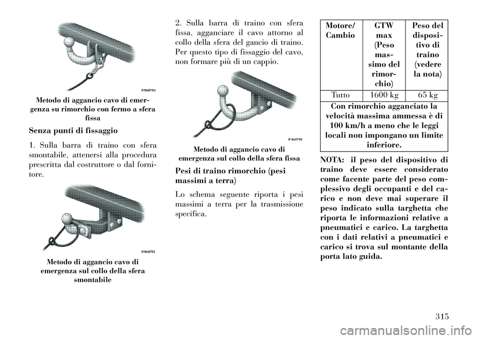 Lancia Voyager 2013 Libretto Uso Manutenzione (in Italian) Senza punti di fissaggio
1. Sulla barra di traino con sfera
smontabile, attenersi alla procedura
prescritta dal costruttore o dal forni-
tore.2. Sulla barra di traino con sfera
fissa, agganciare il ca Lancia Voyager 2013 Libretto Uso Manutenzione (in Italian) Senza punti di fissaggio
1. Sulla barra di traino con sfera
smontabile, attenersi alla procedura
prescritta dal costruttore o dal forni-
tore.2. Sulla barra di traino con sfera
fissa, agganciare il ca