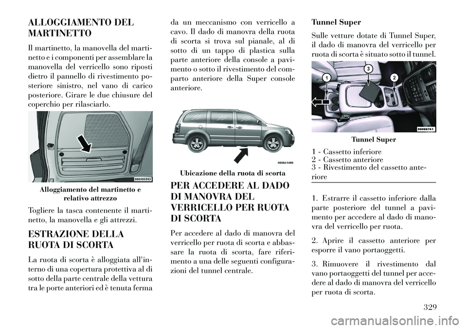 Lancia Voyager 2013 Libretto Uso Manutenzione (in Italian) ALLOGGIAMENTO DEL
MARTINETTO
Il martinetto, la manovella del marti-
netto e i componenti per assemblare la
manovella del verricello sono riposti
dietro il pannello di rivestimento po-
steriore sinistr Lancia Voyager 2013 Libretto Uso Manutenzione (in Italian) ALLOGGIAMENTO DEL
MARTINETTO
Il martinetto, la manovella del marti-
netto e i componenti per assemblare la
manovella del verricello sono riposti
dietro il pannello di rivestimento po-
steriore sinistr