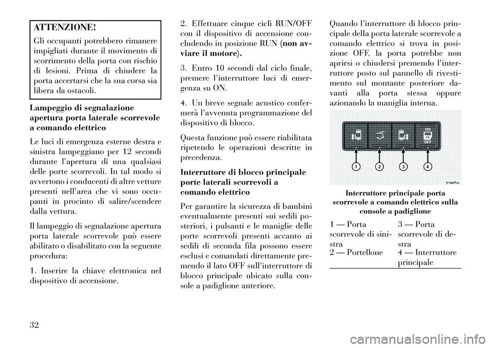 Lancia Voyager 2013 Libretto Uso Manutenzione (in Italian) ATTENZIONE!
Gli occupanti potrebbero rimanere
impigliati durante il movimento di
scorrimento della porta con rischio
di lesioni. Prima di chiudere la
porta accertarsi che la sua corsa sia
libera da os Lancia Voyager 2013 Libretto Uso Manutenzione (in Italian) ATTENZIONE!
Gli occupanti potrebbero rimanere
impigliati durante il movimento di
scorrimento della porta con rischio
di lesioni. Prima di chiudere la
porta accertarsi che la sua corsa sia
libera da os