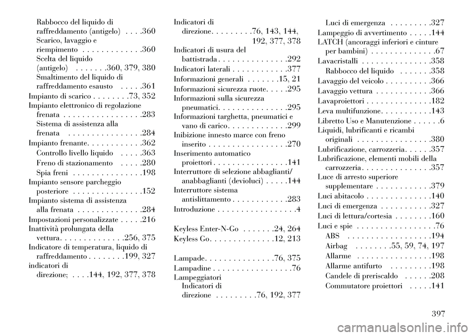 Lancia Voyager 2013  Libretto Uso Manutenzione (in Italian) Rabbocco del liquido di
raffreddamento (antigelo). . . .360
Scarico, lavaggio e
riempimento . . . . . . . . . . . . .360
Scelta del liquido
(antigelo) . . . . . . .360, 379, 380
Smaltimento del liquid
