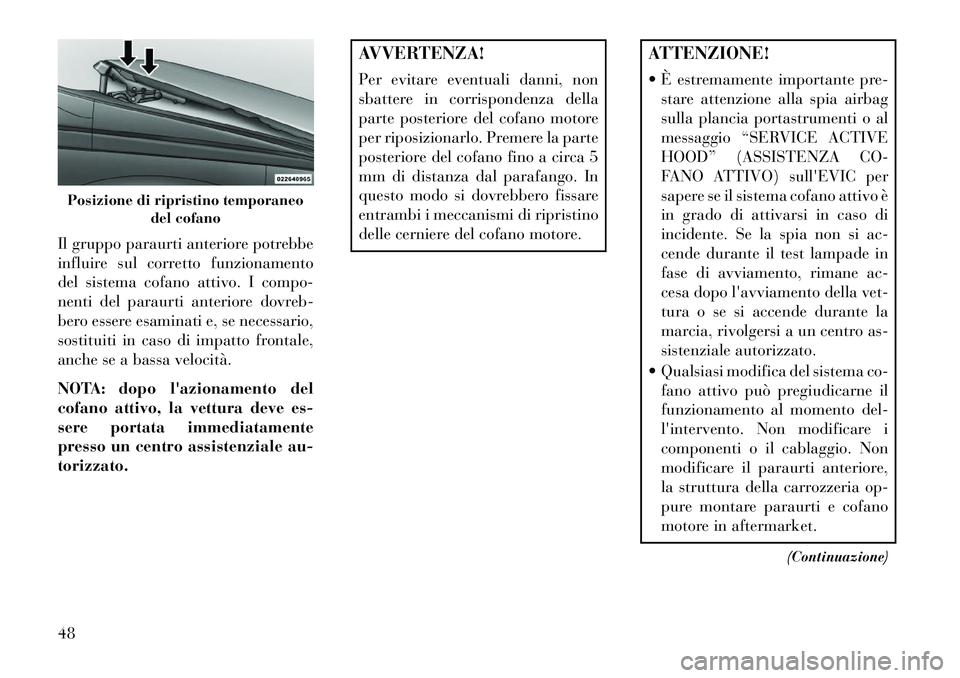 Lancia Voyager 2013  Libretto Uso Manutenzione (in Italian) Il gruppo paraurti anteriore potrebbe
influire sul corretto funzionamento
del sistema cofano attivo. I compo-
nenti del paraurti anteriore dovreb-
bero essere esaminati e, se necessario,
sostituiti in