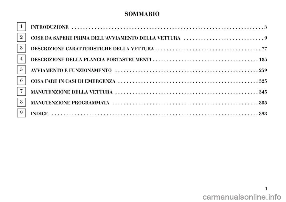 Lancia Voyager 2013  Libretto Uso Manutenzione (in Italian) SOMMARIO
1INTRODUZIONE . . . . . . . . . . . . . . . . . . . . . . . . . . . . . . . . . . . . . . . . . . . . . . . . . . . . . . . . . . . . . . . . . . . 32COSE DA SAPERE PRIMA DELLAVVIAMENTO DELL