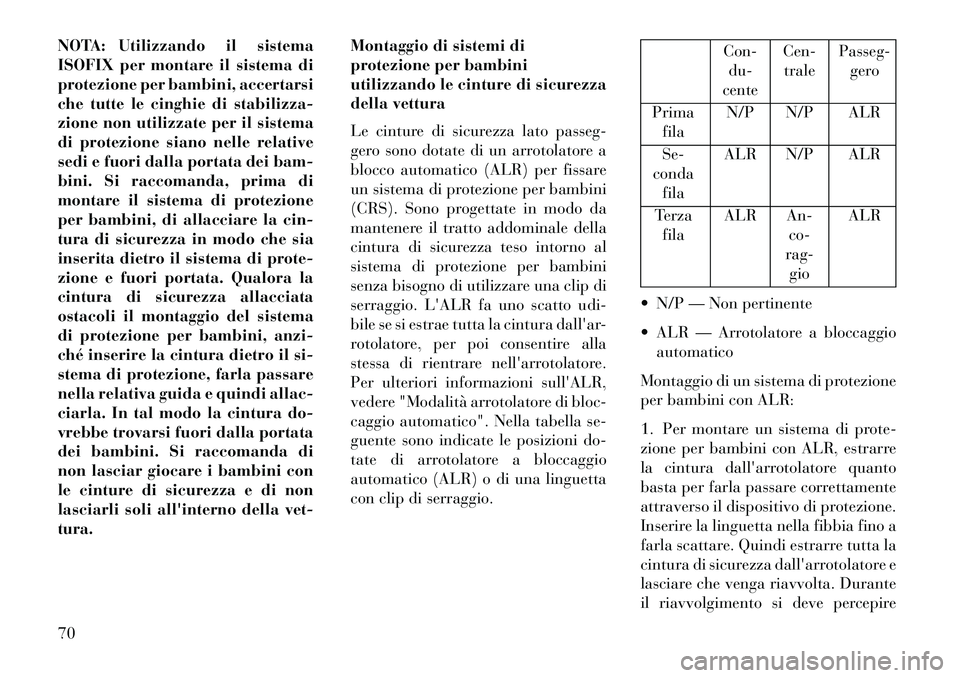 Lancia Voyager 2013  Libretto Uso Manutenzione (in Italian) NOTA: Utilizzando il sistema
ISOFIX per montare il sistema di
protezione per bambini, accertarsi
che tutte le cinghie di stabilizza-
zione non utilizzate per il sistema
di protezione siano nelle relat