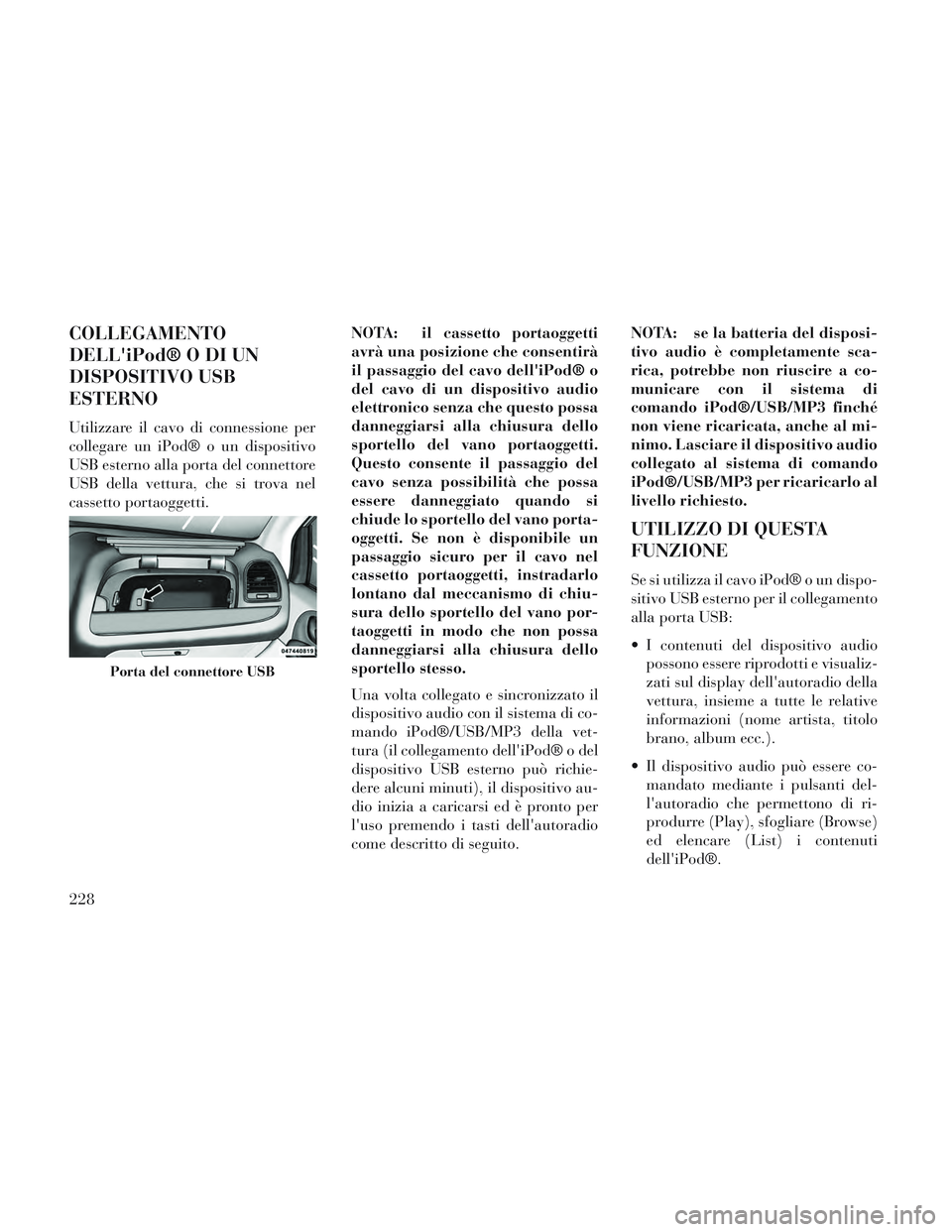 Lancia Voyager 2014  Libretto Uso Manutenzione (in Italian) COLLEGAMENTO
DELLiPod® O DI UN
DISPOSITIVO USB
ESTERNO
Utilizzare il cavo di connessione per
collegare un iPod® o un dispositivo
USB esterno alla porta del connettore
USB della vettura, che si trov