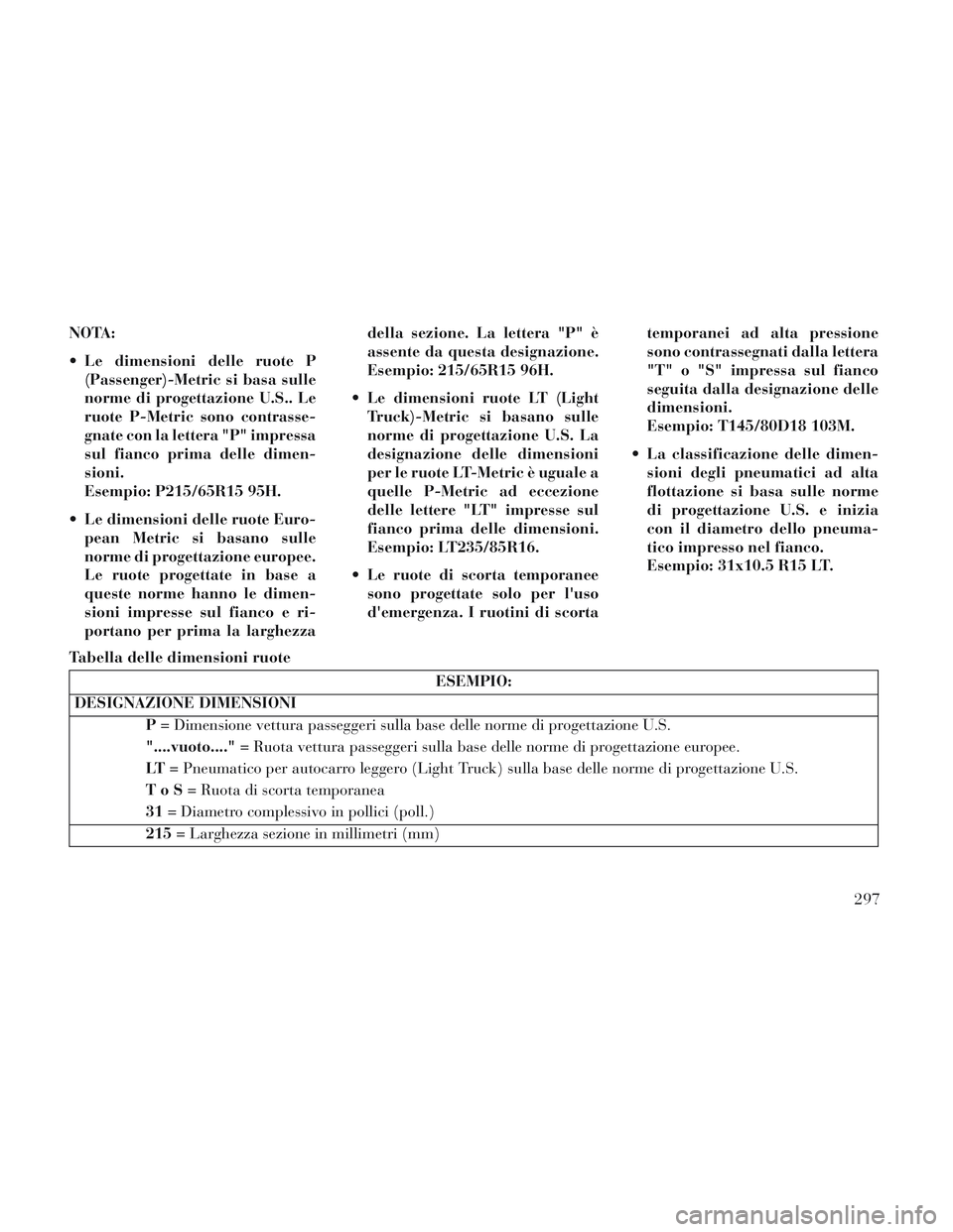 Lancia Voyager 2014  Libretto Uso Manutenzione (in Italian) NOTA:
 Le dimensioni delle ruote P(Passenger)-Metric si basa sulle
norme di progettazione U.S.. Le
ruote P-Metric sono contrasse-
gnate con la lettera "P" impressa
sul fianco prima delle dimen-
sioni.