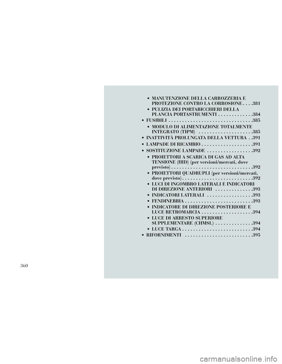 Lancia Voyager 2014  Libretto Uso Manutenzione (in Italian)  MANUTENZIONE DELLA CARROZZERIA EPROTEZIONE CONTRO LA CORROSIONE . . . .381
 PULIZIA DEI PORTABICCHIERI DELLA PLANCIA PORTASTRUMENTI .............384
 FUSIBILI .............................. .385
 MOD