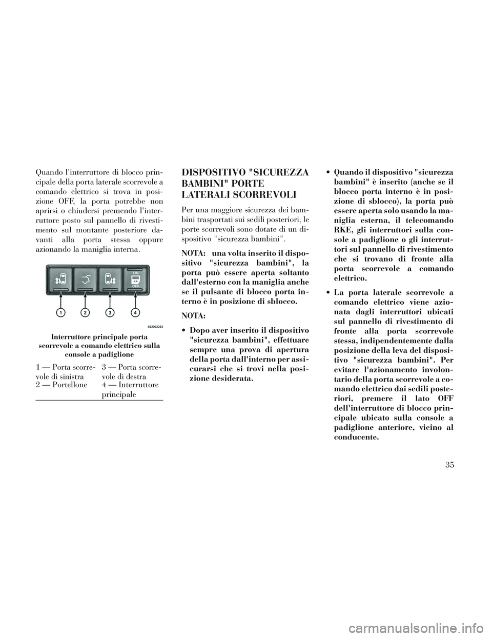 Lancia Voyager 2014 Libretto Uso Manutenzione (in Italian) Quando linterruttore di blocco prin-
cipale della porta laterale scorrevole a
comando elettrico si trova in posi-
zione OFF, la porta potrebbe non
aprirsi o chiudersi premendo linter-
ruttore posto Lancia Voyager 2014 Libretto Uso Manutenzione (in Italian) Quando linterruttore di blocco prin-
cipale della porta laterale scorrevole a
comando elettrico si trova in posi-
zione OFF, la porta potrebbe non
aprirsi o chiudersi premendo linter-
ruttore posto