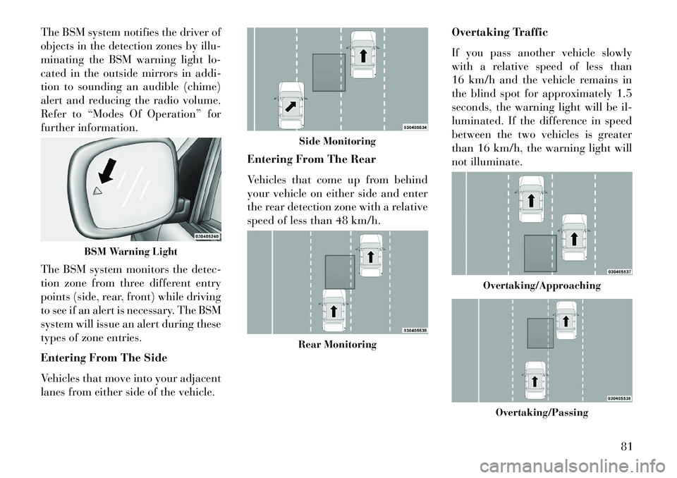 Lancia Voyager 2013  Owner handbook (in English) The BSM system notifies the driver of
objects in the detection zones by illu-
minating the BSM warning light lo-
cated in the outside mirrors in addi-
tion to sounding an audible (chime)
alert and red