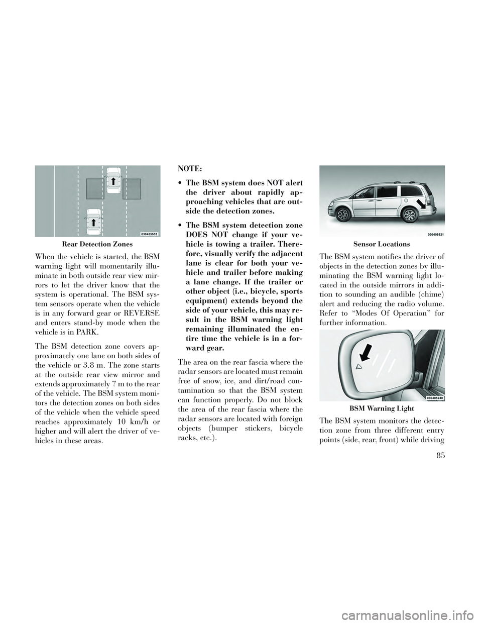 Lancia Voyager 2014  Owner handbook (in English) When the vehicle is started, the BSM
warning light will momentarily illu-
minate in both outside rear view mir-
rors to let the driver know that the
system is operational. The BSM sys-
tem sensors ope
