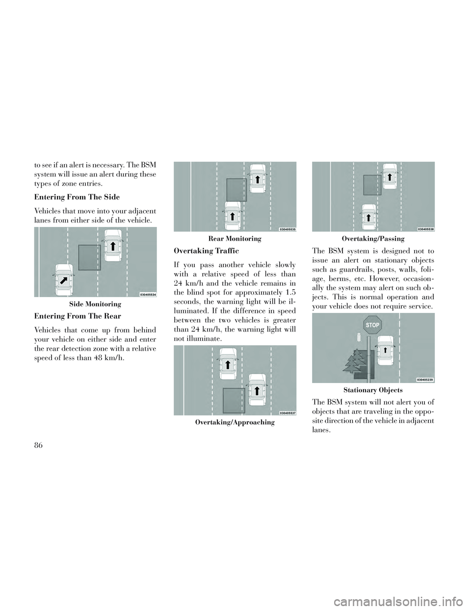 Lancia Voyager 2014 Owner handbook (in English) to see if an alert is necessary. The BSM
system will issue an alert during these
types of zone entries.
Entering From The Side
Vehicles that move into your adjacent
lanes from either side of the vehic Lancia Voyager 2014 Owner handbook (in English) to see if an alert is necessary. The BSM
system will issue an alert during these
types of zone entries.
Entering From The Side
Vehicles that move into your adjacent
lanes from either side of the vehic