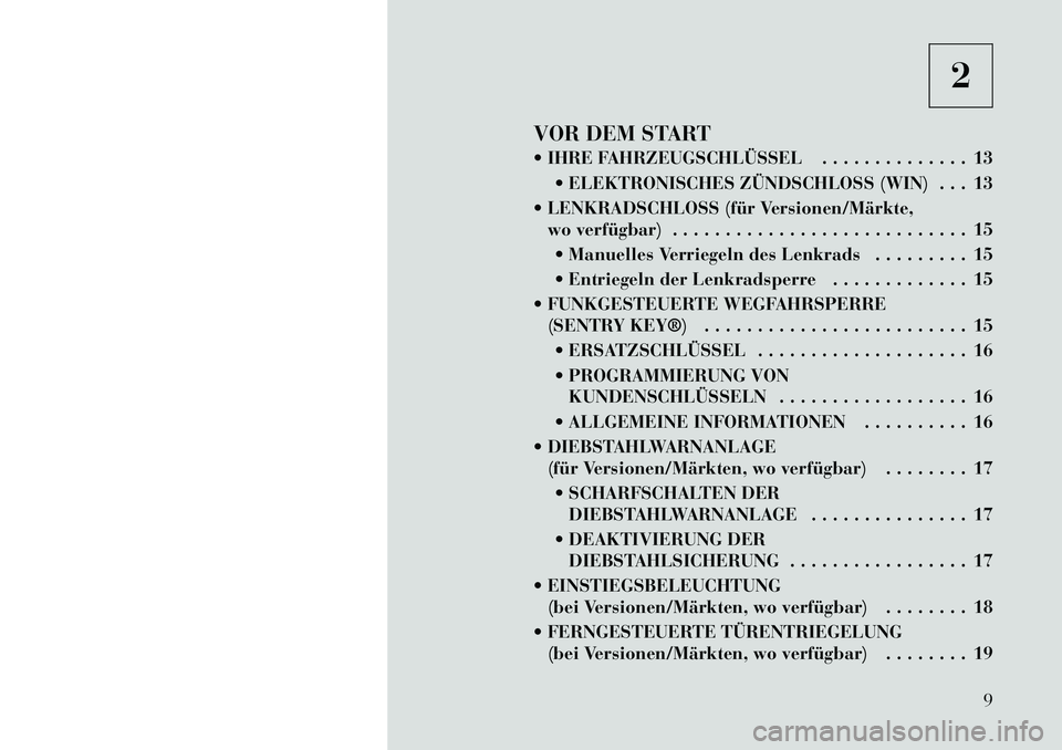 Lancia Voyager 2012 Betriebsanleitung (in German) 2
VOR DEM START
IHRE FAHRZEUGSCHLÜSSEL . . . . . . . . . . . . . . 13 ELEKTRONISCHES ZÜNDSCHLOSS (WIN) . . . 13
LENKRADSCHLOSS (für Versionen/Märkte, wo verfügbar) . . . . . . . . . . . . Lancia Voyager 2012 Betriebsanleitung (in German) 2
VOR DEM START
IHRE FAHRZEUGSCHLÜSSEL . . . . . . . . . . . . . . 13 ELEKTRONISCHES ZÜNDSCHLOSS (WIN) . . . 13
LENKRADSCHLOSS (für Versionen/Märkte, wo verfügbar) . . . . . . . . . . . .