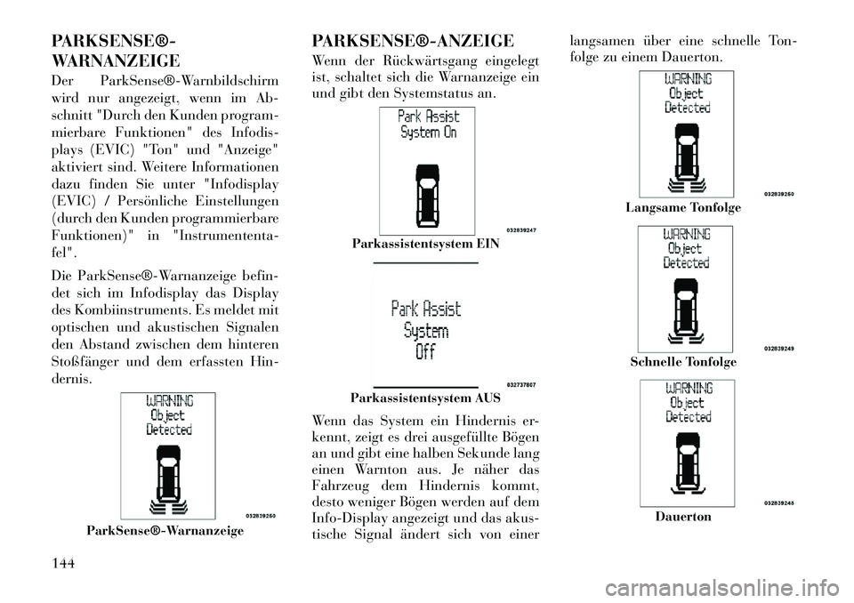 Lancia Voyager 2012  Betriebsanleitung (in German) PARKSENSE®­ 
WARNANZEIGE 
Der ParkSense®­Warnbildschirm 
wird nur angezeigt, wenn im Ab-
schnitt "Durch den Kunden program-
mierbare Funktionen" des Infodis-
plays (EVIC) "Ton" und "Anzeige"
aktiv