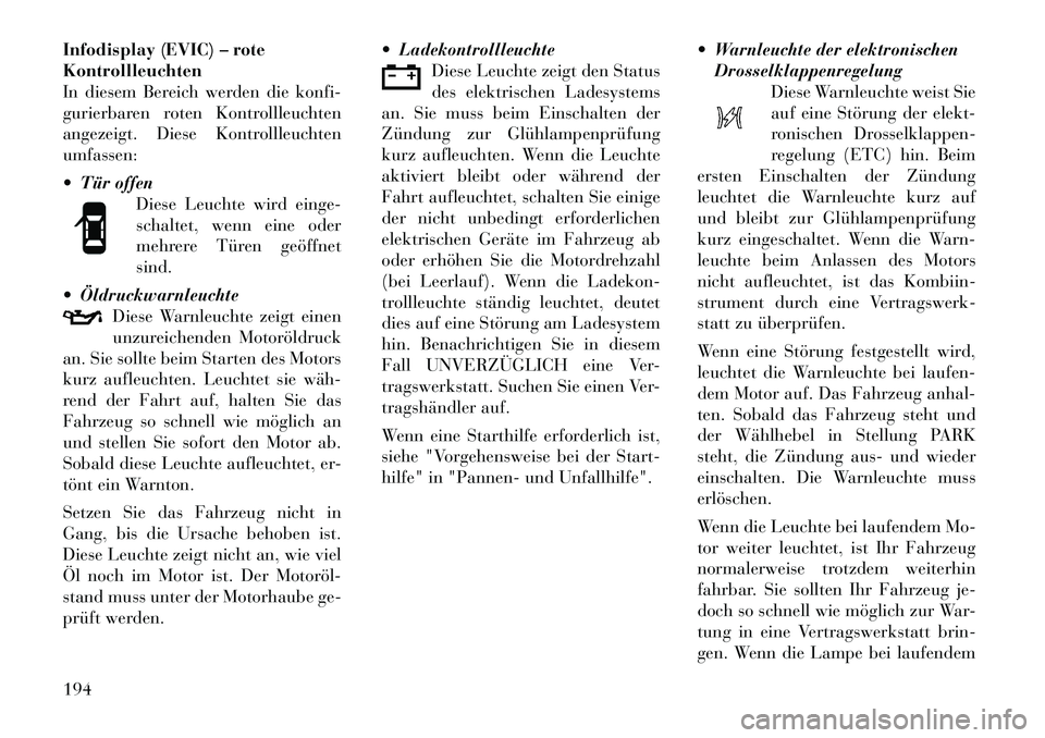 Lancia Voyager 2012 Betriebsanleitung (in German) Infodisplay (EVIC) – rote Kontrollleuchten
In diesem Bereich werden die konfi-
gurierbaren roten Kontrollleuchten
angezeigt. Diese Kontrollleuchtenumfassen:
Tür offenDiese Leuchte wird einge-
s Lancia Voyager 2012 Betriebsanleitung (in German) Infodisplay (EVIC) – rote Kontrollleuchten
In diesem Bereich werden die konfi-
gurierbaren roten Kontrollleuchten
angezeigt. Diese Kontrollleuchtenumfassen:
Tür offenDiese Leuchte wird einge-
s