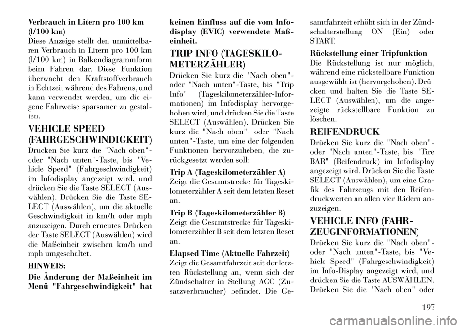 Lancia Voyager 2012 Betriebsanleitung (in German) Verbrauch in Litern pro 100 km
(l/100 km)
Diese Anzeige stellt den unmittelba-
ren Verbrauch in Litern pro 100 km
(l/100 km) in Balkendiagrammform
beim Fahren dar. Diese Funktion
überwacht den Kraft Lancia Voyager 2012 Betriebsanleitung (in German) Verbrauch in Litern pro 100 km
(l/100 km)
Diese Anzeige stellt den unmittelba-
ren Verbrauch in Litern pro 100 km
(l/100 km) in Balkendiagrammform
beim Fahren dar. Diese Funktion
überwacht den Kraft