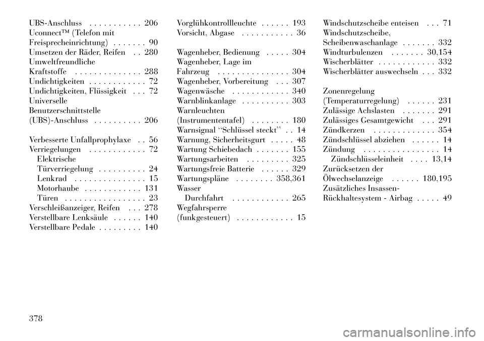 Lancia Voyager 2011  Betriebsanleitung (in German) UBS-Anschluss . . . . . . . . . . . 206 
Uconnect™ (Telefon mit
Freisprecheinrichtung) . . . . . . . 90
Umsetzen der Räder, Reifen . . 280
Umweltfreundliche
Kraftstoffe . . . . . . . . . . . . . . 