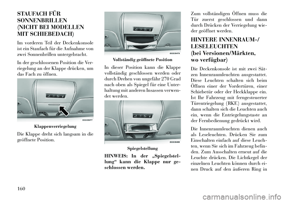 Lancia Voyager 2013 Betriebsanleitung (in German) STAUFACH FÜR
SONNENBRILLEN
(NICHT BEI MODELLEN
MIT SCHIEBEDACH)
Im vorderen Teil der Deckenkonsole
ist ein Staufach für die Aufnahme von
zwei Sonnenbrillen untergebracht.
In der geschlossenen Positi Lancia Voyager 2013 Betriebsanleitung (in German) STAUFACH FÜR
SONNENBRILLEN
(NICHT BEI MODELLEN
MIT SCHIEBEDACH)
Im vorderen Teil der Deckenkonsole
ist ein Staufach für die Aufnahme von
zwei Sonnenbrillen untergebracht.
In der geschlossenen Positi