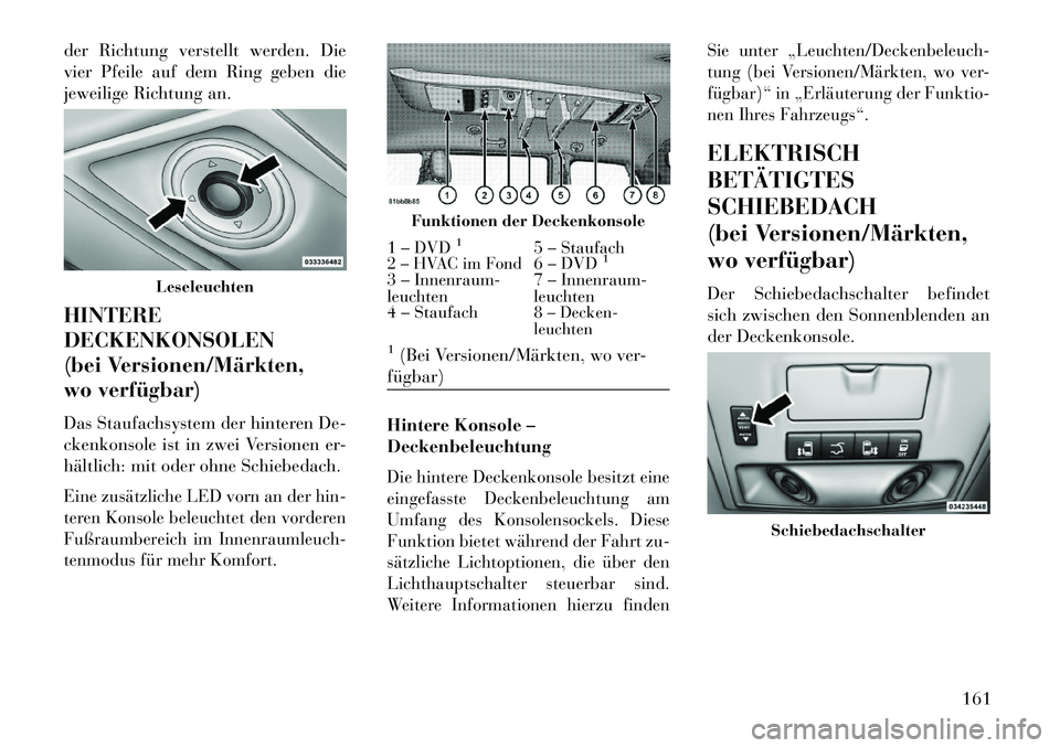 Lancia Voyager 2013 Betriebsanleitung (in German) der Richtung verstellt werden. Die
vier Pfeile auf dem Ring geben die
jeweilige Richtung an.
HINTERE
DECKENKONSOLEN
(bei Versionen/Märkten,
wo verfügbar)
Das Staufachsystem der hinteren De-
ckenkons Lancia Voyager 2013 Betriebsanleitung (in German) der Richtung verstellt werden. Die
vier Pfeile auf dem Ring geben die
jeweilige Richtung an.
HINTERE
DECKENKONSOLEN
(bei Versionen/Märkten,
wo verfügbar)
Das Staufachsystem der hinteren De-
ckenkons