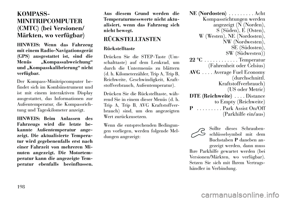 Lancia Voyager 2013 Betriebsanleitung (in German) KOMPASS-
MINITRIPCOMPUTER
(CMTC) (bei Versionen/
Märkten, wo verfügbar)
HINWEIS: Wenn das Fahrzeug
mit einem RadioNavigationsgerät
(GPS) ausgestattet ist, sind die
Menüs „Kompassabweichung“
Lancia Voyager 2013 Betriebsanleitung (in German) KOMPASS-
MINITRIPCOMPUTER
(CMTC) (bei Versionen/
Märkten, wo verfügbar)
HINWEIS: Wenn das Fahrzeug
mit einem RadioNavigationsgerät
(GPS) ausgestattet ist, sind die
Menüs „Kompassabweichung“