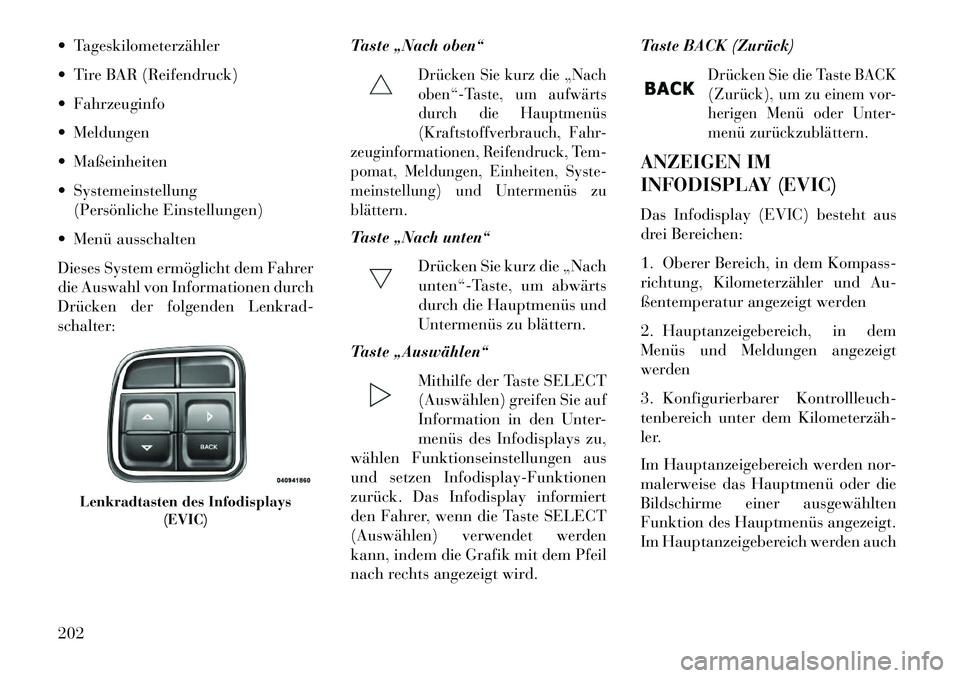 Lancia Voyager 2013 Betriebsanleitung (in German) Tageskilometerzähler
Tire BAR (Reifendruck)
Fahrzeuginfo
Meldungen
Maßeinheiten
Systemeinstellung(Persönliche Einstellungen)
Menü ausschalten
Dieses System ermöglicht dem Fahrer
die Lancia Voyager 2013 Betriebsanleitung (in German) Tageskilometerzähler
Tire BAR (Reifendruck)
Fahrzeuginfo
Meldungen
Maßeinheiten
Systemeinstellung(Persönliche Einstellungen)
Menü ausschalten
Dieses System ermöglicht dem Fahrer
die