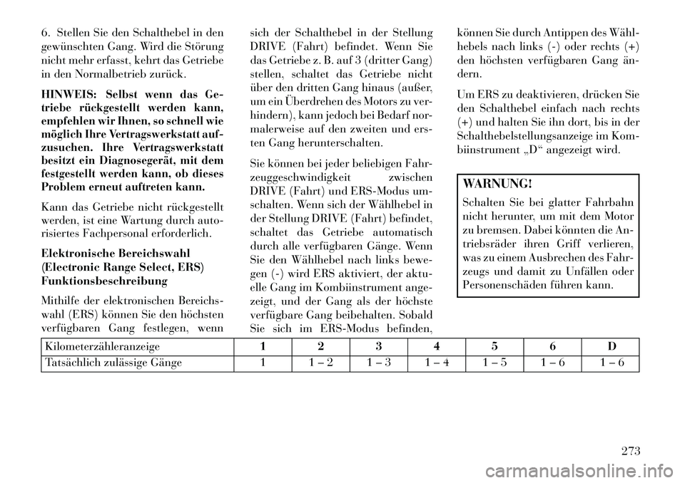 Lancia Voyager 2013 Betriebsanleitung (in German) 6. Stellen Sie den Schalthebel in den
gewünschten Gang. Wird die Störung
nicht mehr erfasst, kehrt das Getriebe
in den Normalbetrieb zurück.
HINWEIS:
Selbst wenn das Ge-
triebe rückgestellt werden Lancia Voyager 2013 Betriebsanleitung (in German) 6. Stellen Sie den Schalthebel in den
gewünschten Gang. Wird die Störung
nicht mehr erfasst, kehrt das Getriebe
in den Normalbetrieb zurück.
HINWEIS:
Selbst wenn das Ge-
triebe rückgestellt werden