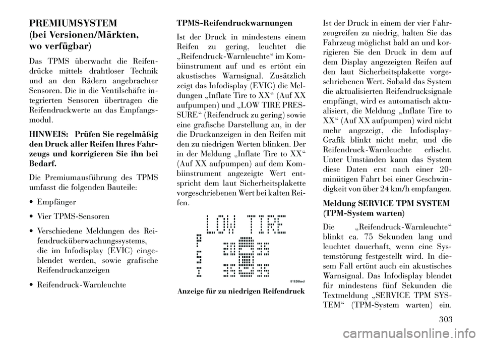 Lancia Voyager 2013 Betriebsanleitung (in German) PREMIUMSYSTEM
(bei Versionen/Märkten,
wo verfügbar)
Das TPMS überwacht die Reifen-
drücke mittels drahtloser Technik
und an den Rädern angebrachter
Sensoren. Die in die Ventilschäfte in-
tegrier Lancia Voyager 2013 Betriebsanleitung (in German) PREMIUMSYSTEM
(bei Versionen/Märkten,
wo verfügbar)
Das TPMS überwacht die Reifen-
drücke mittels drahtloser Technik
und an den Rädern angebrachter
Sensoren. Die in die Ventilschäfte in-
tegrier