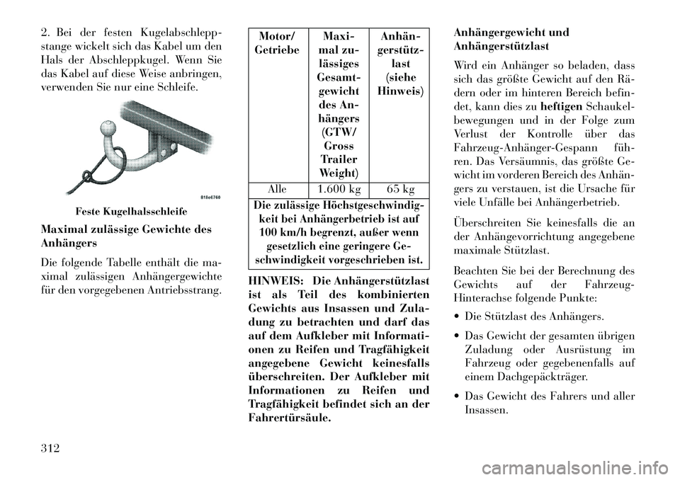 Lancia Voyager 2013 Betriebsanleitung (in German) 2. Bei der festen Kugelabschlepp-
stange wickelt sich das Kabel um den
Hals der Abschleppkugel. Wenn Sie
das Kabel auf diese Weise anbringen,
verwenden Sie nur eine Schleife.
Maximal zulässige Gewich Lancia Voyager 2013 Betriebsanleitung (in German) 2. Bei der festen Kugelabschlepp-
stange wickelt sich das Kabel um den
Hals der Abschleppkugel. Wenn Sie
das Kabel auf diese Weise anbringen,
verwenden Sie nur eine Schleife.
Maximal zulässige Gewich