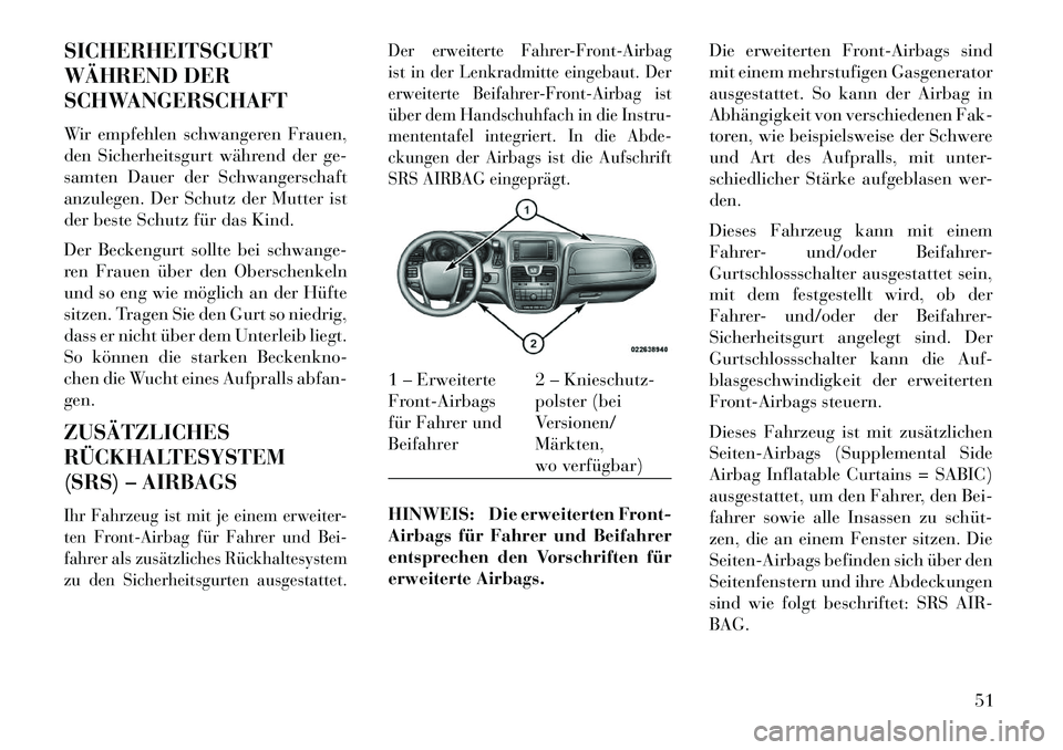 Lancia Voyager 2013 Betriebsanleitung (in German) SICHERHEITSGURT
WÄHREND DER
SCHWANGERSCHAFT
Wir empfehlen schwangeren Frauen,
den Sicherheitsgurt während der ge-
samten Dauer der Schwangerschaft
anzulegen. Der Schutz der Mutter ist
der beste Schu Lancia Voyager 2013 Betriebsanleitung (in German) SICHERHEITSGURT
WÄHREND DER
SCHWANGERSCHAFT
Wir empfehlen schwangeren Frauen,
den Sicherheitsgurt während der ge-
samten Dauer der Schwangerschaft
anzulegen. Der Schutz der Mutter ist
der beste Schu