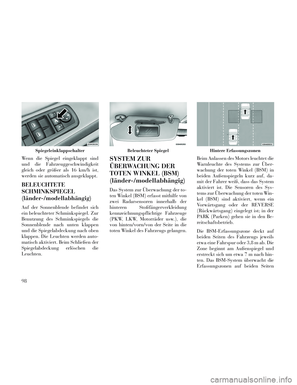 Lancia Voyager 2014 Betriebsanleitung (in German) Wenn die Spiegel eingeklappt sind
und die Fahrzeuggeschwindigkeit
gleich oder größer als 16 km/h ist,
werden sie automatisch ausgeklappt.
BELEUCHTETE
SCHMINKSPIEGEL
(länder-/modellabhängig)
Auf de Lancia Voyager 2014 Betriebsanleitung (in German) Wenn die Spiegel eingeklappt sind
und die Fahrzeuggeschwindigkeit
gleich oder größer als 16 km/h ist,
werden sie automatisch ausgeklappt.
BELEUCHTETE
SCHMINKSPIEGEL
(länder-/modellabhängig)
Auf de
