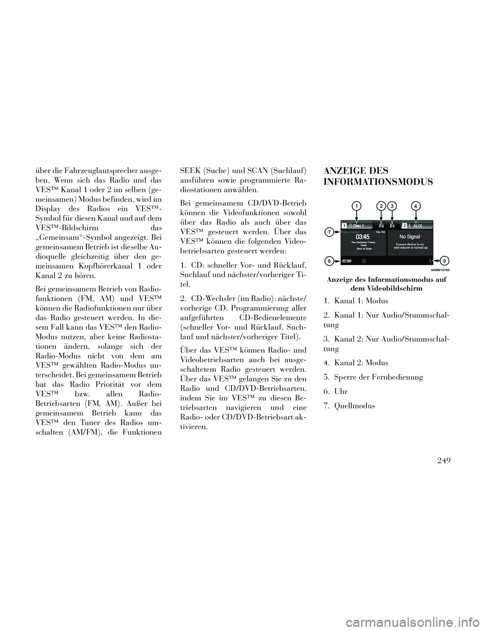 Lancia Voyager 2014 Betriebsanleitung (in German) über die Fahrzeuglautsprecher ausge-
ben. Wenn sich das Radio und das
VES™ Kanal 1 oder 2 im selben (ge-
meinsamen) Modus befinden, wird im
Display des Radios ein VES™-
Symbol für diesen Kanal u Lancia Voyager 2014 Betriebsanleitung (in German) über die Fahrzeuglautsprecher ausge-
ben. Wenn sich das Radio und das
VES™ Kanal 1 oder 2 im selben (ge-
meinsamen) Modus befinden, wird im
Display des Radios ein VES™-
Symbol für diesen Kanal u