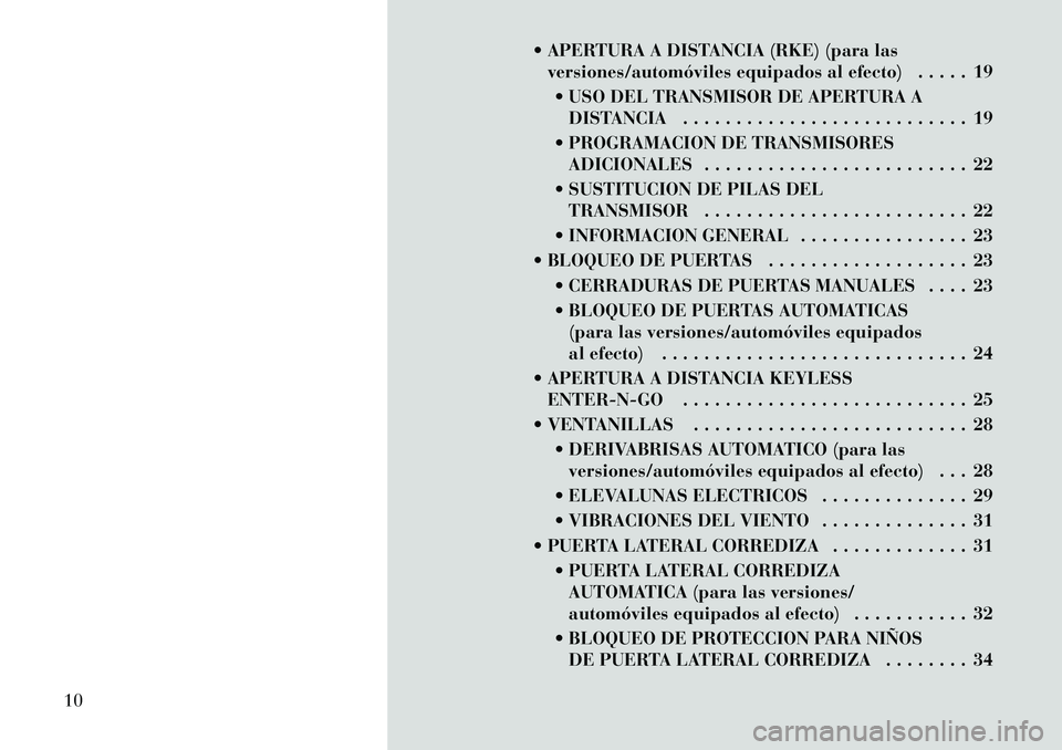 Lancia Voyager 2011 Manual de Empleo y Cuidado (in Spanish) APERTURA A DISTANCIA (RKE) (para lasversiones/automóviles equipados al efecto) . . . . . 19
USO DEL TRANSMISOR DE APERTURA A DISTANCIA . . . . . . . . . . . . . . . . . . . . . . . . . . . 19
P Lancia Voyager 2011 Manual de Empleo y Cuidado (in Spanish) APERTURA A DISTANCIA (RKE) (para lasversiones/automóviles equipados al efecto) . . . . . 19
USO DEL TRANSMISOR DE APERTURA A DISTANCIA . . . . . . . . . . . . . . . . . . . . . . . . . . . 19
P