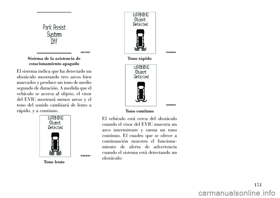 Lancia Voyager 2012 Manual de Empleo y Cuidado (in Spanish) El sistema indica que ha detectado un
obstáculo mostrando tres arcos bien
marcados y produce un tono de medio
segundo de duración. A medida que el
vehÃculo se acerca al objeto, el visor
del EVIC m Lancia Voyager 2012 Manual de Empleo y Cuidado (in Spanish) El sistema indica que ha detectado un
obstáculo mostrando tres arcos bien
marcados y produce un tono de medio
segundo de duración. A medida que el
vehÃculo se acerca al objeto, el visor
del EVIC m