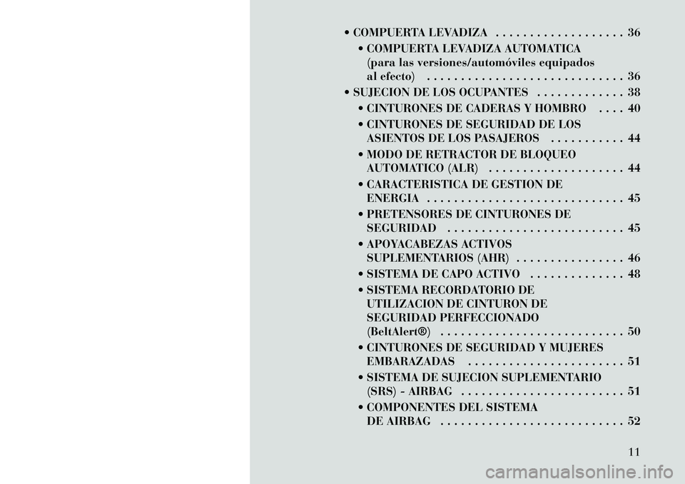 Lancia Voyager 2011 Manual de Empleo y Cuidado (in Spanish) COMPUERTA LEVADIZA . . . . . . . . . . . . . . . . . . . 36 COMPUERTA LEVADIZA AUTOMATICA(para las versiones/automóviles equipados
al efecto) . . . . . . . . . . . . . . . . . . . . . . . . . . . Lancia Voyager 2011 Manual de Empleo y Cuidado (in Spanish) COMPUERTA LEVADIZA . . . . . . . . . . . . . . . . . . . 36 COMPUERTA LEVADIZA AUTOMATICA(para las versiones/automóviles equipados
al efecto) . . . . . . . . . . . . . . . . . . . . . . . . . . .
