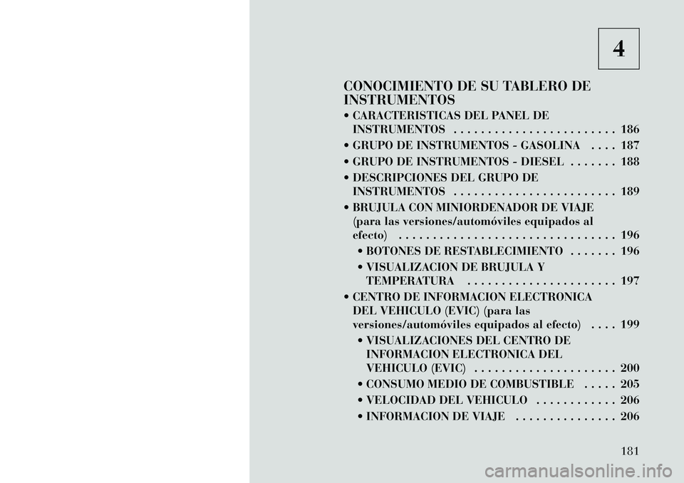 Lancia Voyager 2012 Manual de Empleo y Cuidado (in Spanish) 4
CONOCIMIENTO DE SU TABLERO DE INSTRUMENTOS
CARACTERISTICAS DEL PANEL DE INSTRUMENTOS . . . . . . . . . . . . . . . . . . . . . . . . 186
GRUPO DE INSTRUMENTOS - GASOLINA . . . . 187
GRUPO DE Lancia Voyager 2012 Manual de Empleo y Cuidado (in Spanish) 4
CONOCIMIENTO DE SU TABLERO DE INSTRUMENTOS
CARACTERISTICAS DEL PANEL DE INSTRUMENTOS . . . . . . . . . . . . . . . . . . . . . . . . 186
GRUPO DE INSTRUMENTOS - GASOLINA . . . . 187
GRUPO DE