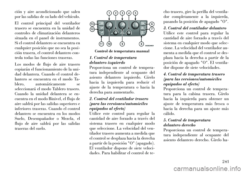 Lancia Voyager 2012 Manual de Empleo y Cuidado (in Spanish) ción y aire acondicionado que salen
por las salidas de su lado del vehículo.
El control principal del ventilador
trasero se encuentra en la unidad de
controles de climatización delanteros
situad Lancia Voyager 2012 Manual de Empleo y Cuidado (in Spanish) ción y aire acondicionado que salen
por las salidas de su lado del vehículo.
El control principal del ventilador
trasero se encuentra en la unidad de
controles de climatización delanteros
situad