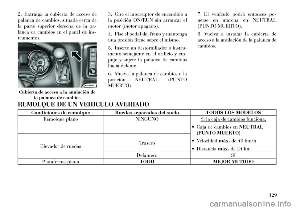 Lancia Voyager 2011 Manual de Empleo y Cuidado (in Spanish) 2. Extraiga la cubierta de acceso de
palanca de cambios, situada cerca de
la parte superior derecha de la pa-
lanca de cambios en el panel de ins-trumentos.3. Gire el interruptor de encendido a
la po Lancia Voyager 2011 Manual de Empleo y Cuidado (in Spanish) 2. Extraiga la cubierta de acceso de
palanca de cambios, situada cerca de
la parte superior derecha de la pa-
lanca de cambios en el panel de ins-trumentos.3. Gire el interruptor de encendido a
la po