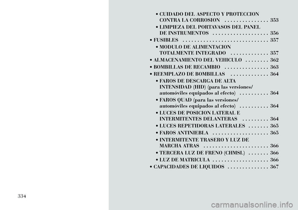 Lancia Voyager 2011 Manual de Empleo y Cuidado (in Spanish) CUIDADO DEL ASPECTO Y PROTECCIONCONTRA LA CORROSION . . . . . . . . . . . . . . . 353
LIMPIEZA DEL PORTAVASOS DEL PANEL DE INSTRUMENTOS . . . . . . . . . . . . . . . . . . . 356
FUSIBLES . . . . Lancia Voyager 2011 Manual de Empleo y Cuidado (in Spanish) CUIDADO DEL ASPECTO Y PROTECCIONCONTRA LA CORROSION . . . . . . . . . . . . . . . 353
LIMPIEZA DEL PORTAVASOS DEL PANEL DE INSTRUMENTOS . . . . . . . . . . . . . . . . . . . 356
FUSIBLES . . . .