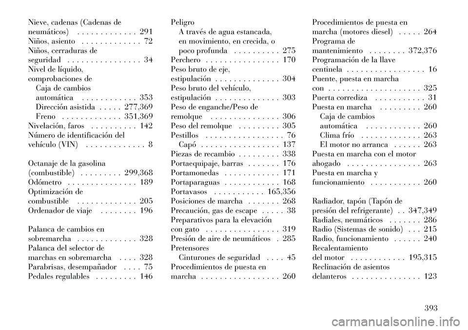 Lancia Voyager 2011  Manual de Empleo y Cuidado (in Spanish) Nieve, cadenas (Cadenas de 
neumáticos) . . . . . . . . . . . . . 291
Niños, asiento . . . . . . . . . . . . . 72
Niños, cerraduras de
seguridad . . . . . . . . . . . . . . . . 34
Nivel de líquido
