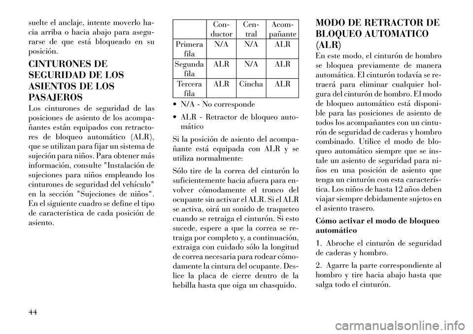 Lancia Voyager 2011 Manual de Empleo y Cuidado (in Spanish) suelte el anclaje, intente moverlo ha-
cia arriba o hacia abajo para asegu-
rarse de que está bloqueado en suposición.
CINTURONES DE
SEGURIDAD DE LOS
ASIENTOS DE LOS
PASAJEROS
Los cinturones de Lancia Voyager 2011 Manual de Empleo y Cuidado (in Spanish) suelte el anclaje, intente moverlo ha-
cia arriba o hacia abajo para asegu-
rarse de que está bloqueado en suposición.
CINTURONES DE
SEGURIDAD DE LOS
ASIENTOS DE LOS
PASAJEROS
Los cinturones de