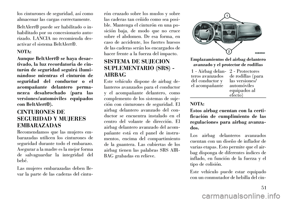 Lancia Voyager 2011  Manual de Empleo y Cuidado (in Spanish) los cinturones de seguridad, así como 
almacenar las cargas correctamente. 
BeltAlert® puede ser habilitado o in- 
habilitado por su concesionario auto-
rizado. LANCIA no recomienda des-
activar el 