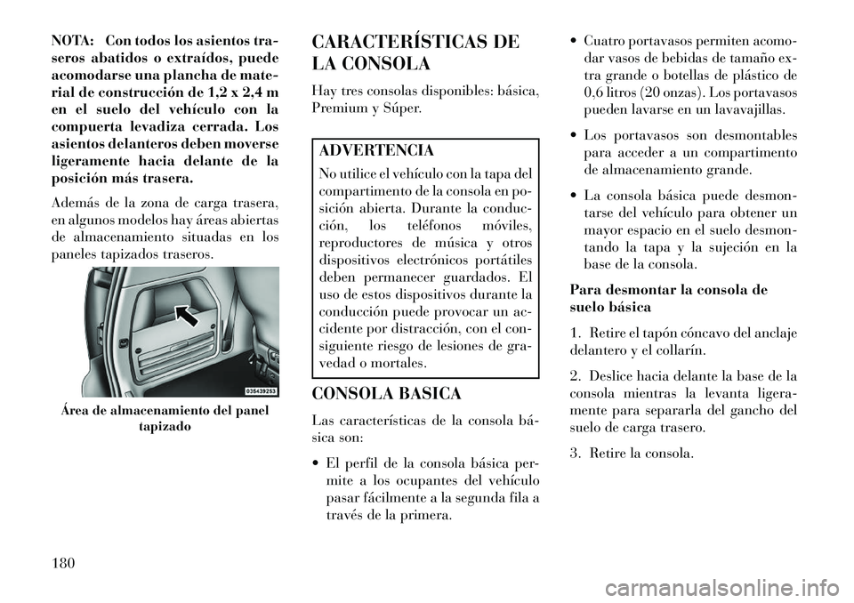 Lancia Voyager 2013 Manual de Empleo y Cuidado (in Spanish) NOTA: Con todos los asientos tra-
seros abatidos o extraídos, puede
acomodarse una plancha de mate-
rial de construcción de 1,2 x 2,4 m
en el suelo del vehículo con la
compuerta levadiza cerrada. L Lancia Voyager 2013 Manual de Empleo y Cuidado (in Spanish) NOTA: Con todos los asientos tra-
seros abatidos o extraídos, puede
acomodarse una plancha de mate-
rial de construcción de 1,2 x 2,4 m
en el suelo del vehículo con la
compuerta levadiza cerrada. L